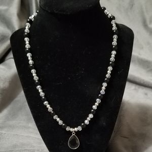 Black/Silver/Crystal Necklace w/Black Gem Pendant